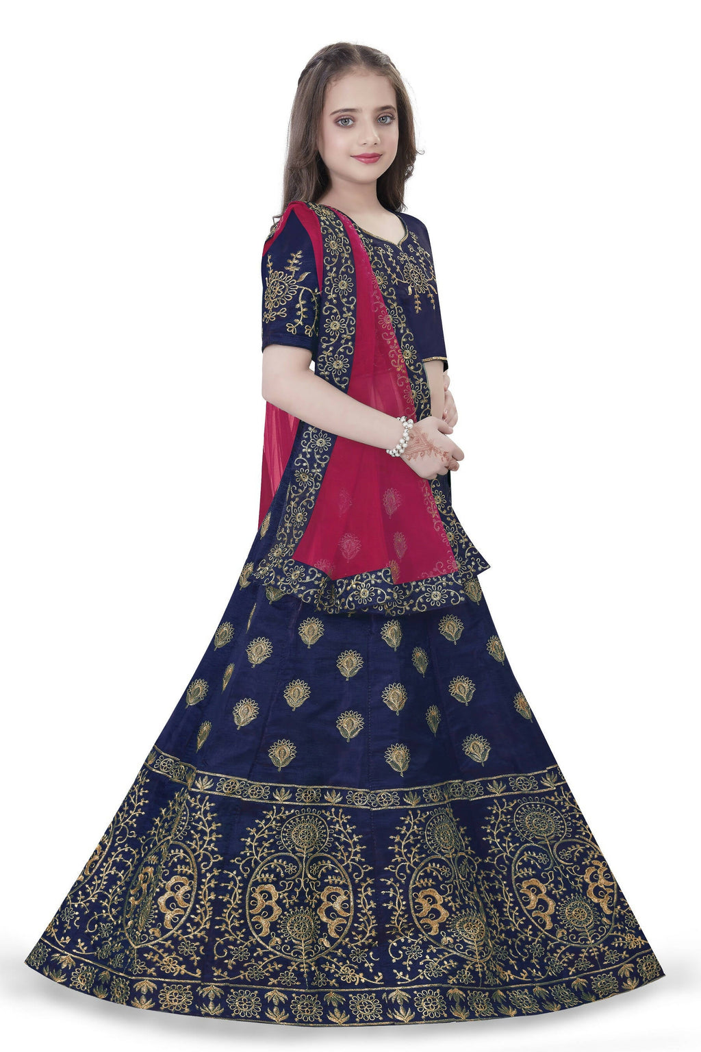 Dwiden Navy Blue Gulab Tafetta Sattin Semi-Stitched Girl's Lehenga Choli | Grocsy
