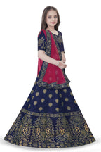 Dwiden Navy Blue Gulab Tafetta Sattin Semi-Stitched Girl's Lehenga Choli | Grocsy
