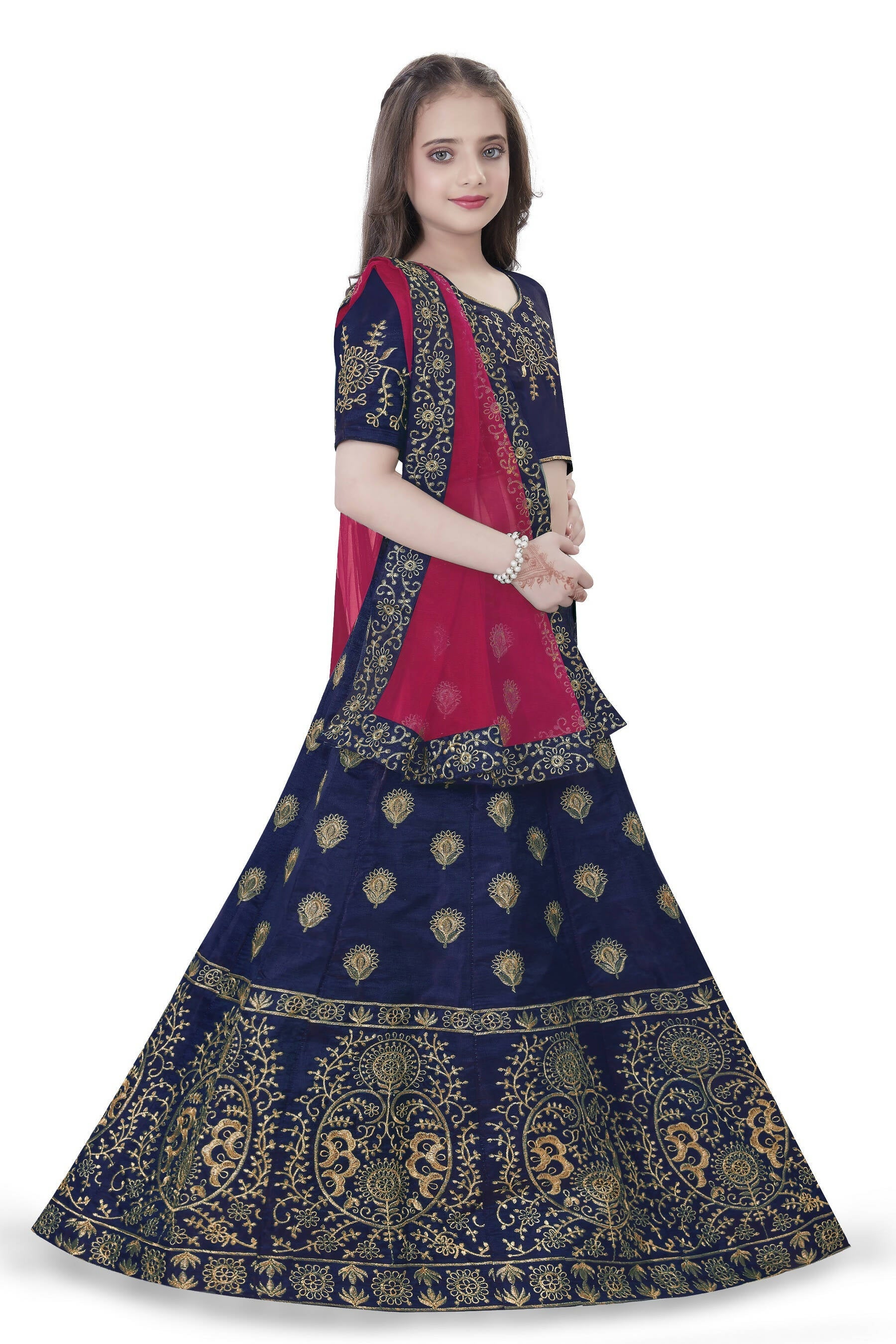 Dwiden Navy Blue Gulab Tafetta Sattin Semi-Stitched Girl's Lehenga Choli | Grocsy
