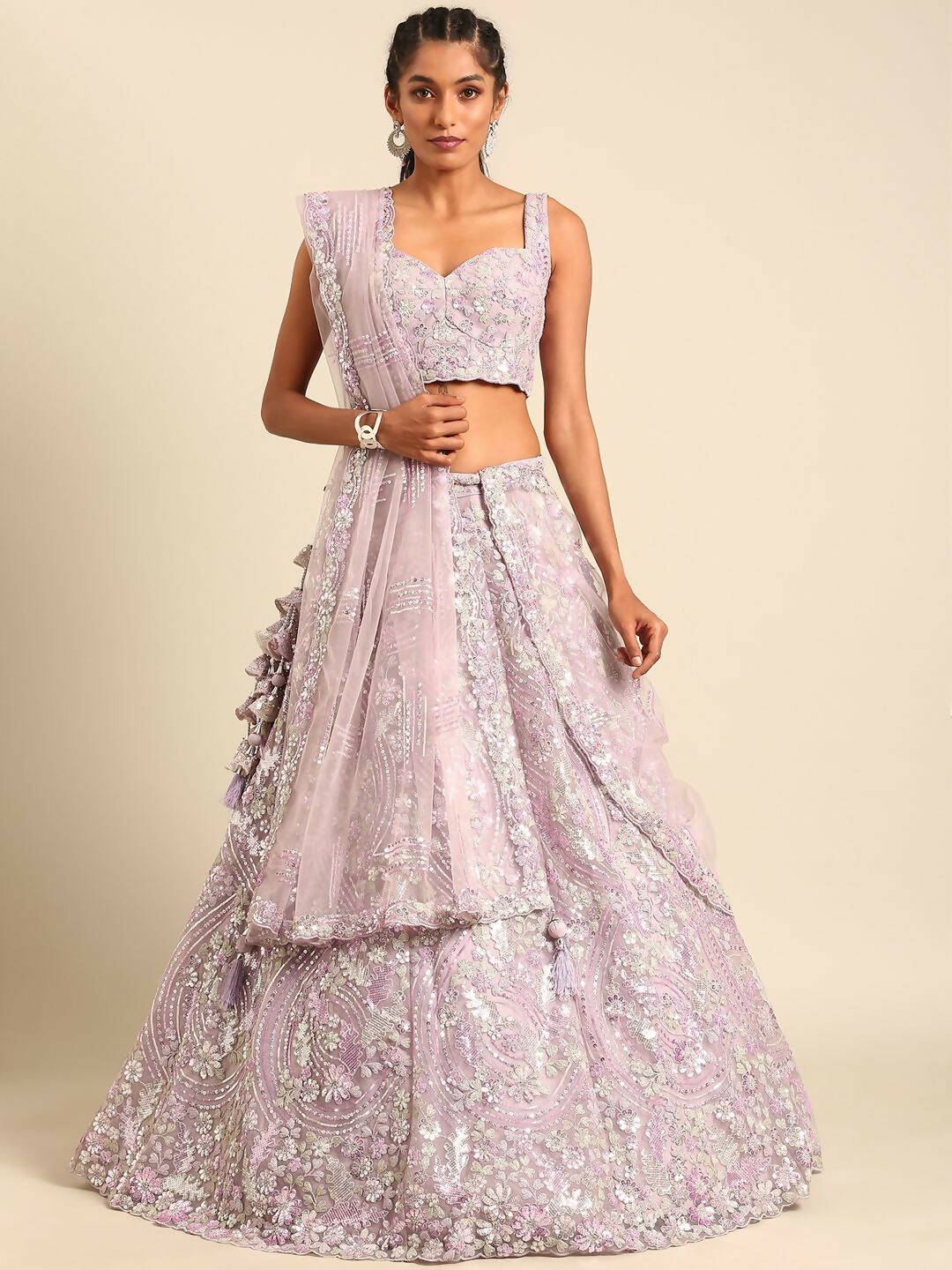 House of Panchhi Lavender Net Sequins and Zarkan embroidery Lehenga choli & Dupatta | Grocsy
