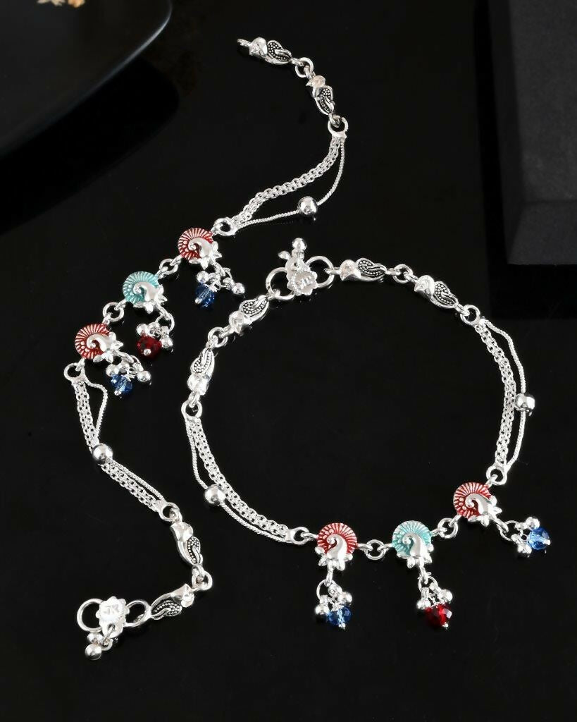 VOJ Set of 2 Silver Plated Peacock Shaped Multi Color Anklet | Grocsy