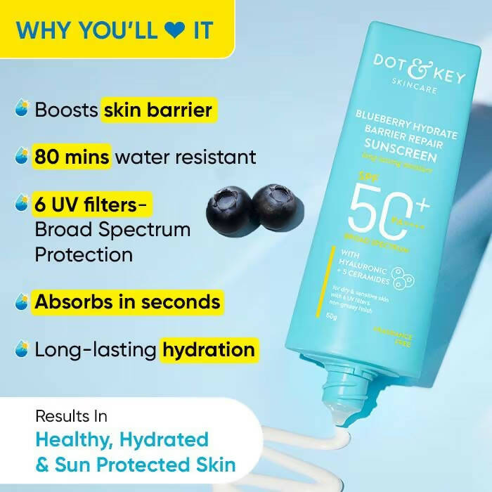 Dot & Key Blueberry Hydrating Barrier Repair Face Sunscreen SPF 50+,PA++++ With Hyaluronic & 5 Ceramides | Grocsy
