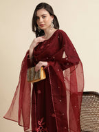 Maroon Chinon Silk Embroidered Straight Kurta with Trouser & Dupatta - Salimar | Grocsy