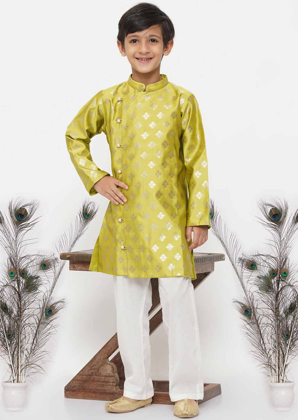 Little Bansi Boys Banarsi Silk Sherwani & Pyjama - Apple Green & Cream | Grocsy