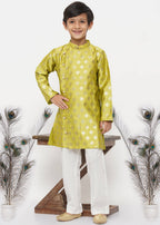 Little Bansi Boys Banarsi Silk Sherwani & Pyjama - Apple Green & Cream | Grocsy