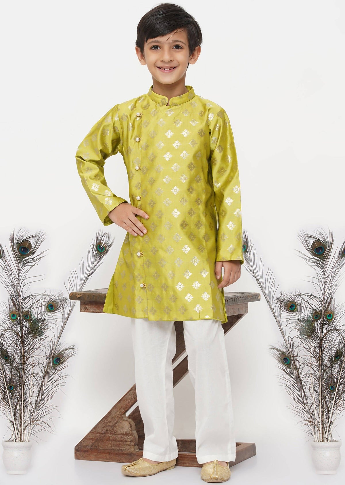 Little Bansi Boys Banarsi Silk Sherwani & Pyjama - Apple Green & Cream | Grocsy