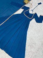 Evanik Teal Georgette Plain Fully Flair Gown Dupatta | Grocsy