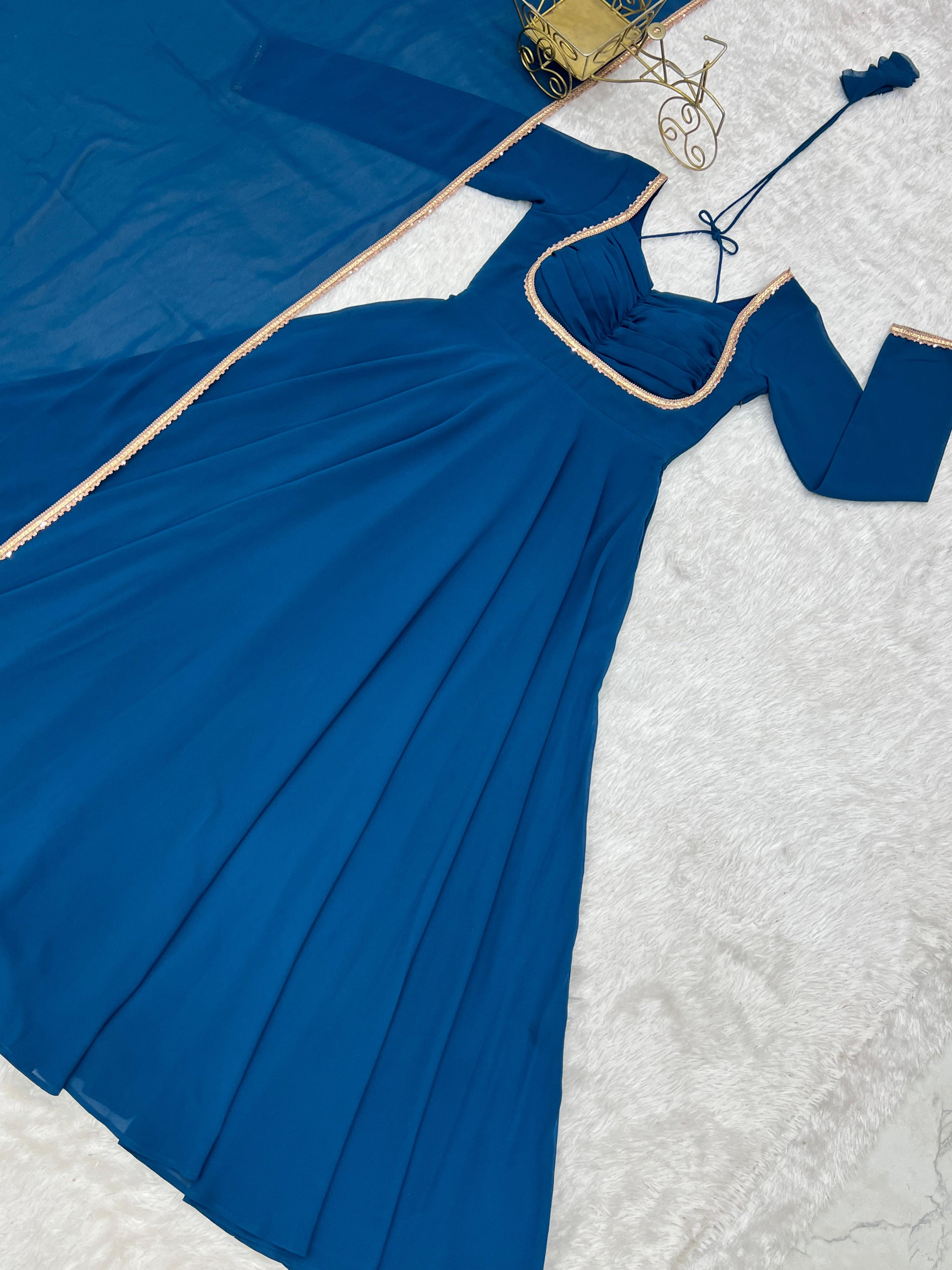 Evanik Teal Georgette Plain Fully Flair Gown Dupatta | Grocsy