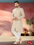 Joban Fashion Men's Beige Straight Swed Velvet Thread And Sequence Embroidary All Over Indo-Western Kurta Set | Grocsy