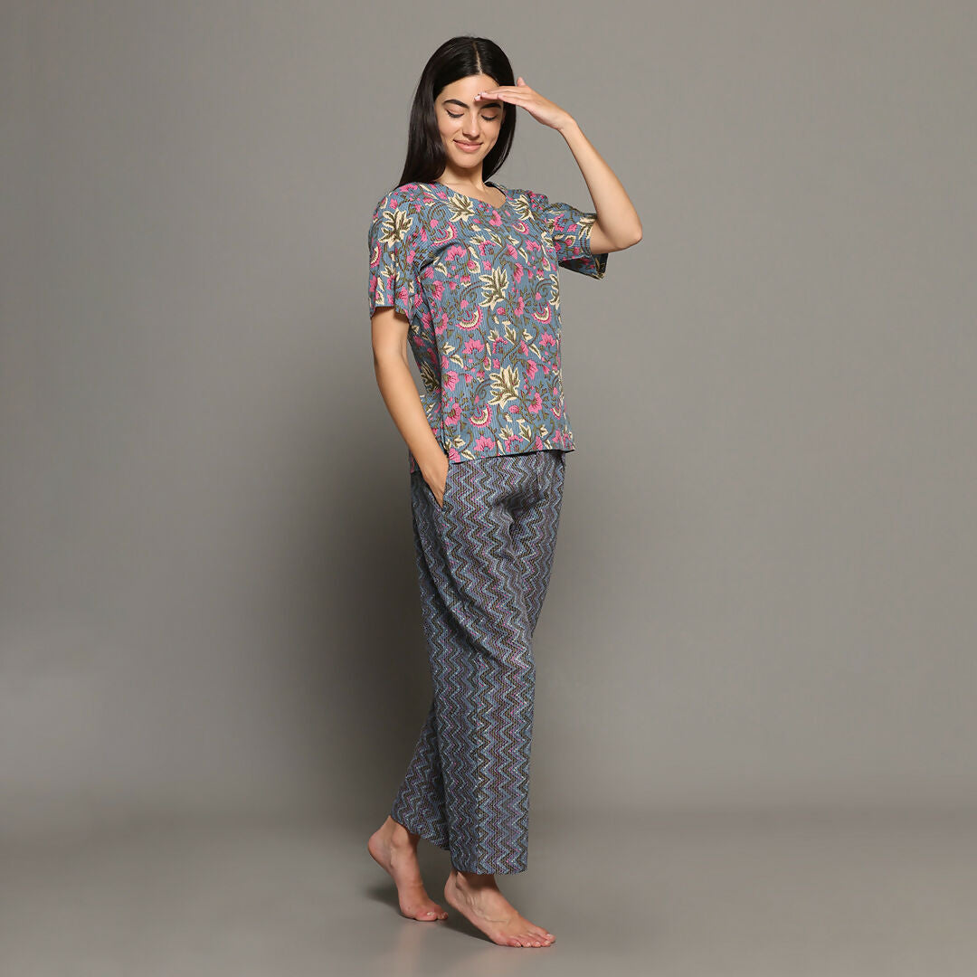 Breathables Women Cotton Printed Loungewear Kurta And Pants Co-Ord Set With Crop Top Grey I Nightwear | Grocsy