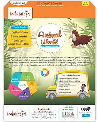 Braintastic Educational Game (3-6 yrs):Animal World / Kids Toys/Write & Wipe Activity Sheets/ Free 12 pc Puzzles | Grocsy
