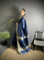 Joban Fashion Navy Blue Woven Pattern Raw Silk Kanjivaram Silk Saree | Grocsy