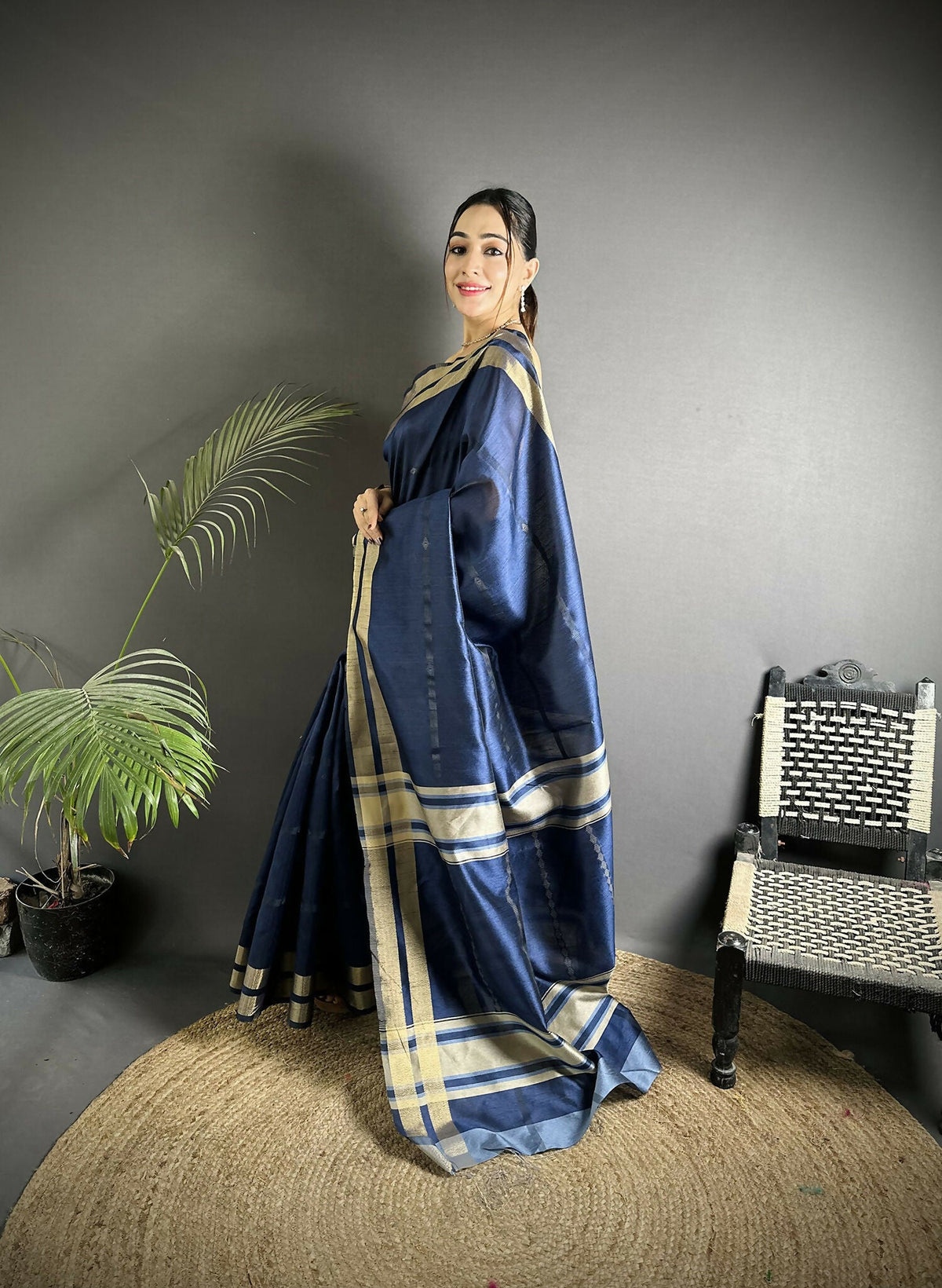 Joban Fashion Navy Blue Woven Pattern Raw Silk Kanjivaram Silk Saree | Grocsy