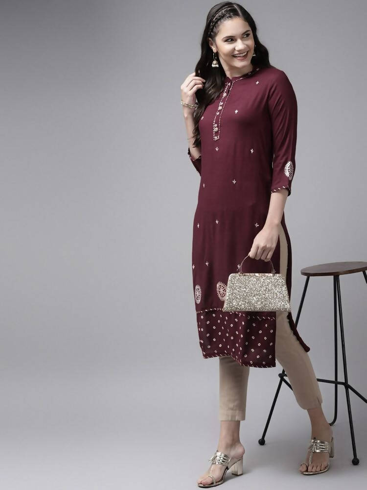 Yufta Women Maroon Ethnic Motifs Embroidered Kurta | Grocsy