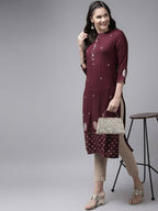 Yufta Women Maroon Ethnic Motifs Embroidered Kurta | Grocsy