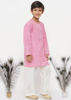Little Bansi Boys Cotton Jaipuri Kurta with Pearl Buttons & Pyjama -Pink & Cream | Grocsy