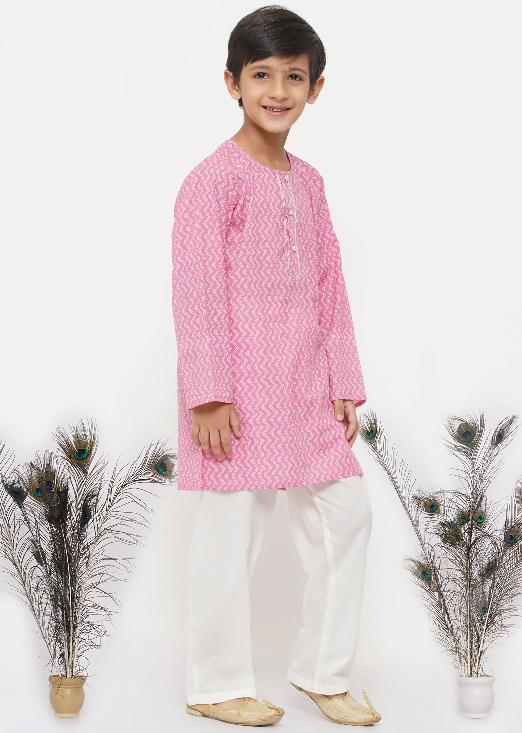 Little Bansi Boys Cotton Jaipuri Kurta with Pearl Buttons & Pyjama -Pink & Cream | Grocsy