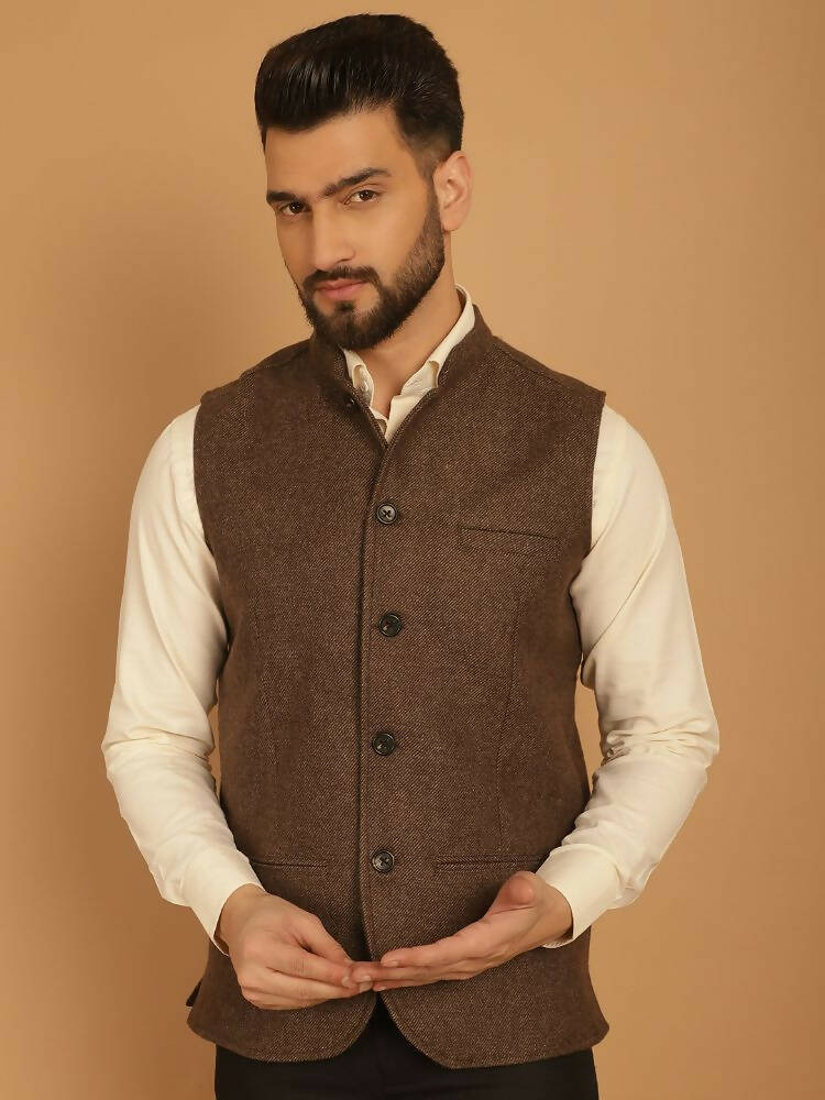 Even Apparels Pure Wool Nehru Jacket - Brown | Grocsy