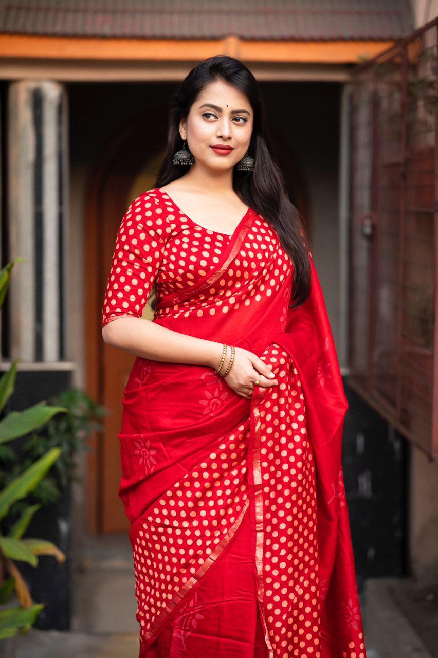 Red Pure Chanderi Hand Block Saree with Unstitched Blouse - Hiral Fashion | Grocsy