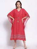Myshka Women's Red Printed Cotton Blend 3/4 Sleeve V Neck Casual Dress | Grocsy