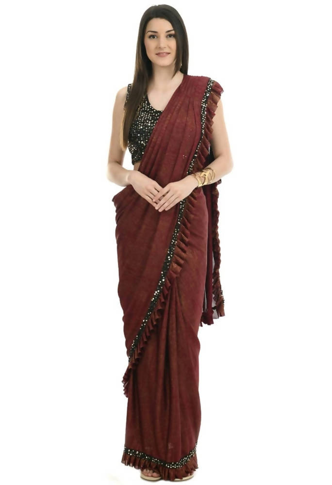 Mominos Fashion All Season Wear Rust And Black Ruffled Ready To Wear Saree | Grocsy
