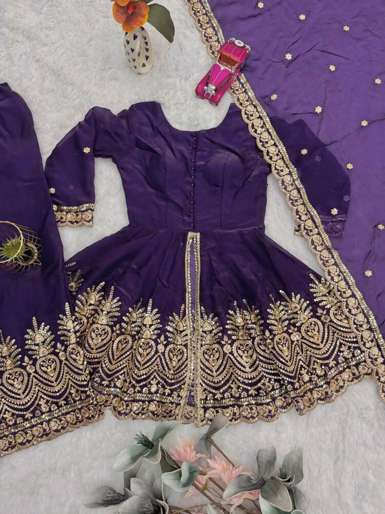 Teeya Creation Purple Color Fendy Satin Silk Embroidery Work party Wear Salwar Suit | Grocsy