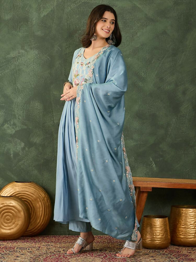 The52 Women's Beautiful Embroidery Work Silk Fabric Flared Kurta Pant and Dupatta Set | Grocsy