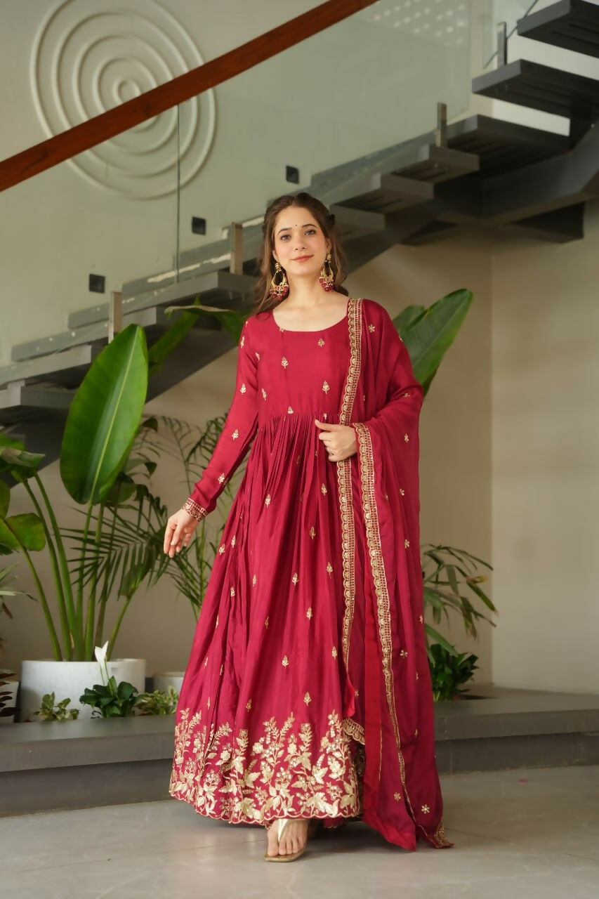 Teeya Creation Maroon Color Chinon Silk Party Wear Long Gown | Grocsy