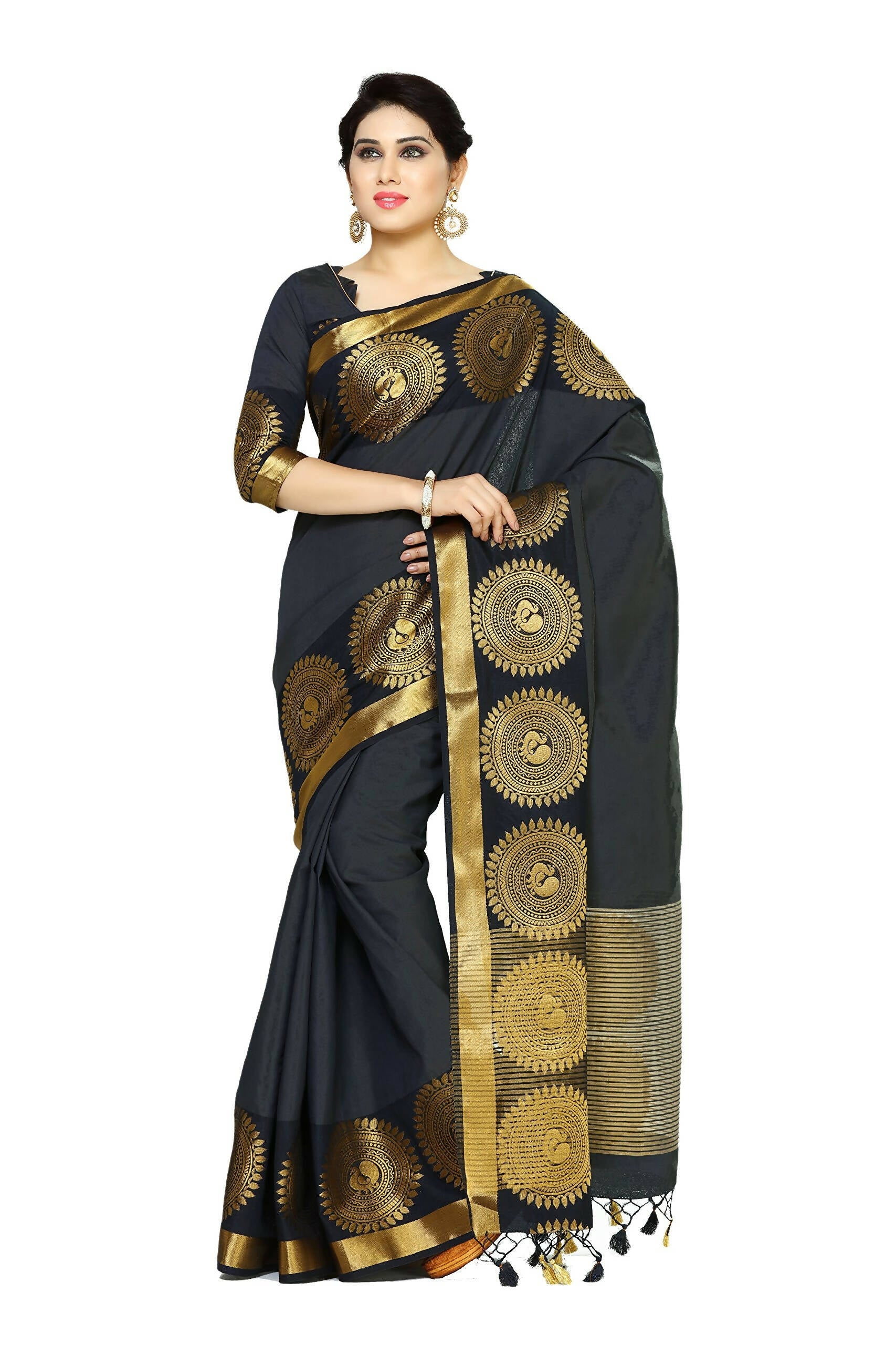 Mimosa Women's Banarasi Tussar Silk Black Saree | Grocsy