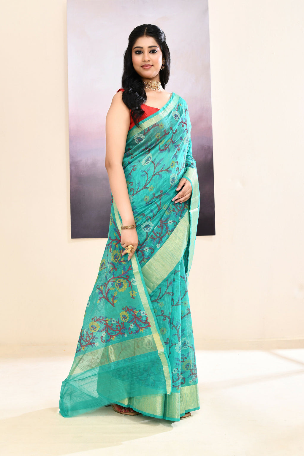 Piyari Fashion Women's Turquoise Embellished Cotton Blend Printed Saree | Grocsy