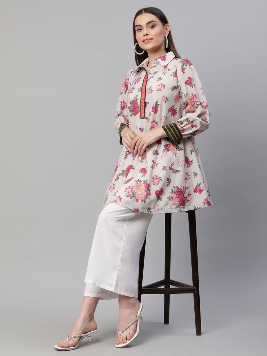 Ahalyaa Women Beige Crepe Digital Floral Print Tunic | Grocsy