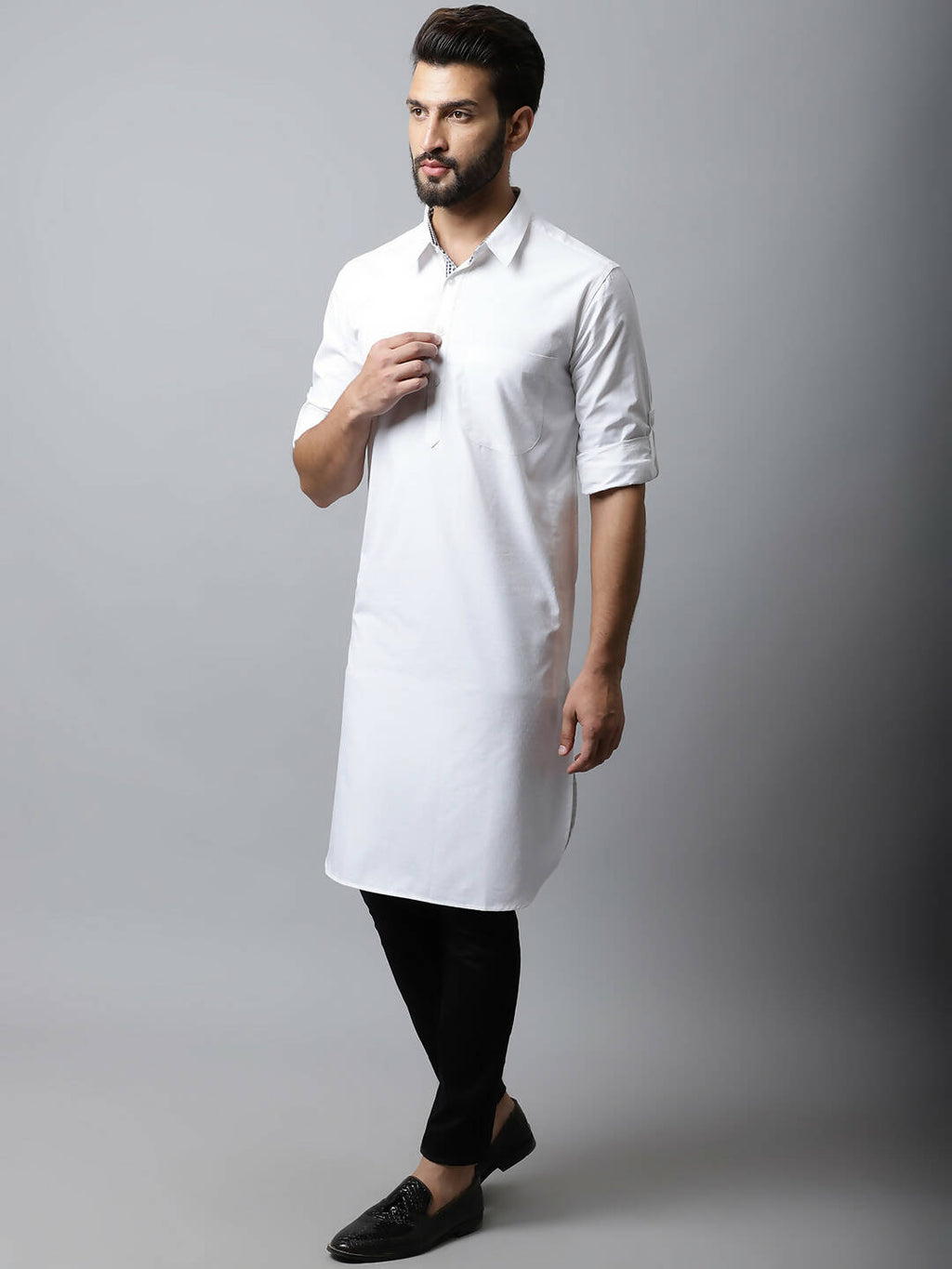 Even Apparels White Color Pure Cotton Solid Men's Kurta With Shirt Collar (SLD1203) | Grocsy