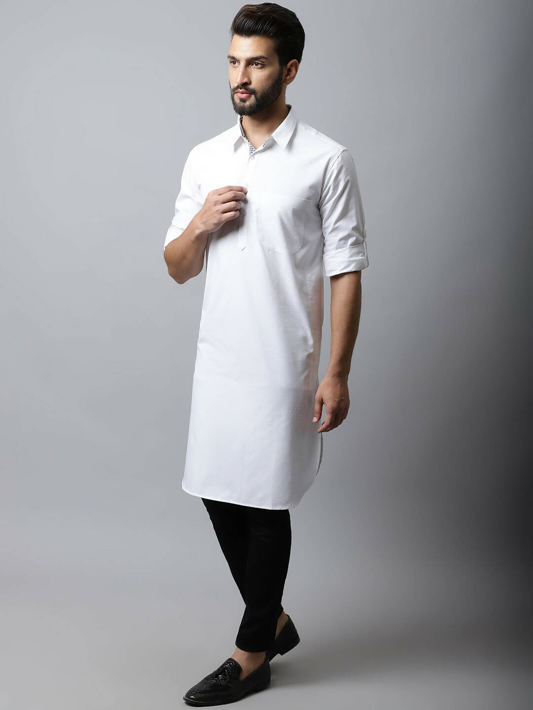 Even Apparels White Color Pure Cotton Solid Men's Kurta With Shirt Collar (SLD1203) | Grocsy