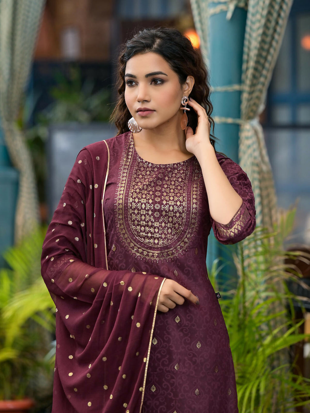 Juniper Women's Wine Ethnic Motif Printed Muslin Kurta Set With Zari Work & Gota Patti | Grocsy