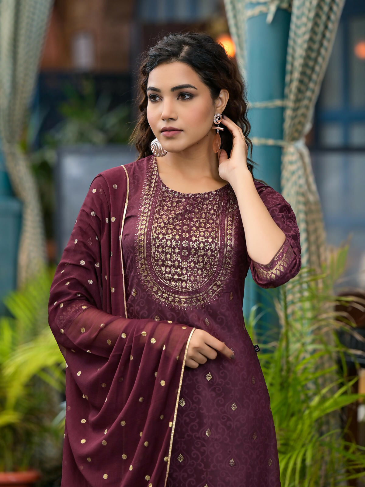 Juniper Women's Wine Ethnic Motif Printed Muslin Kurta Set With Zari Work & Gota Patti | Grocsy