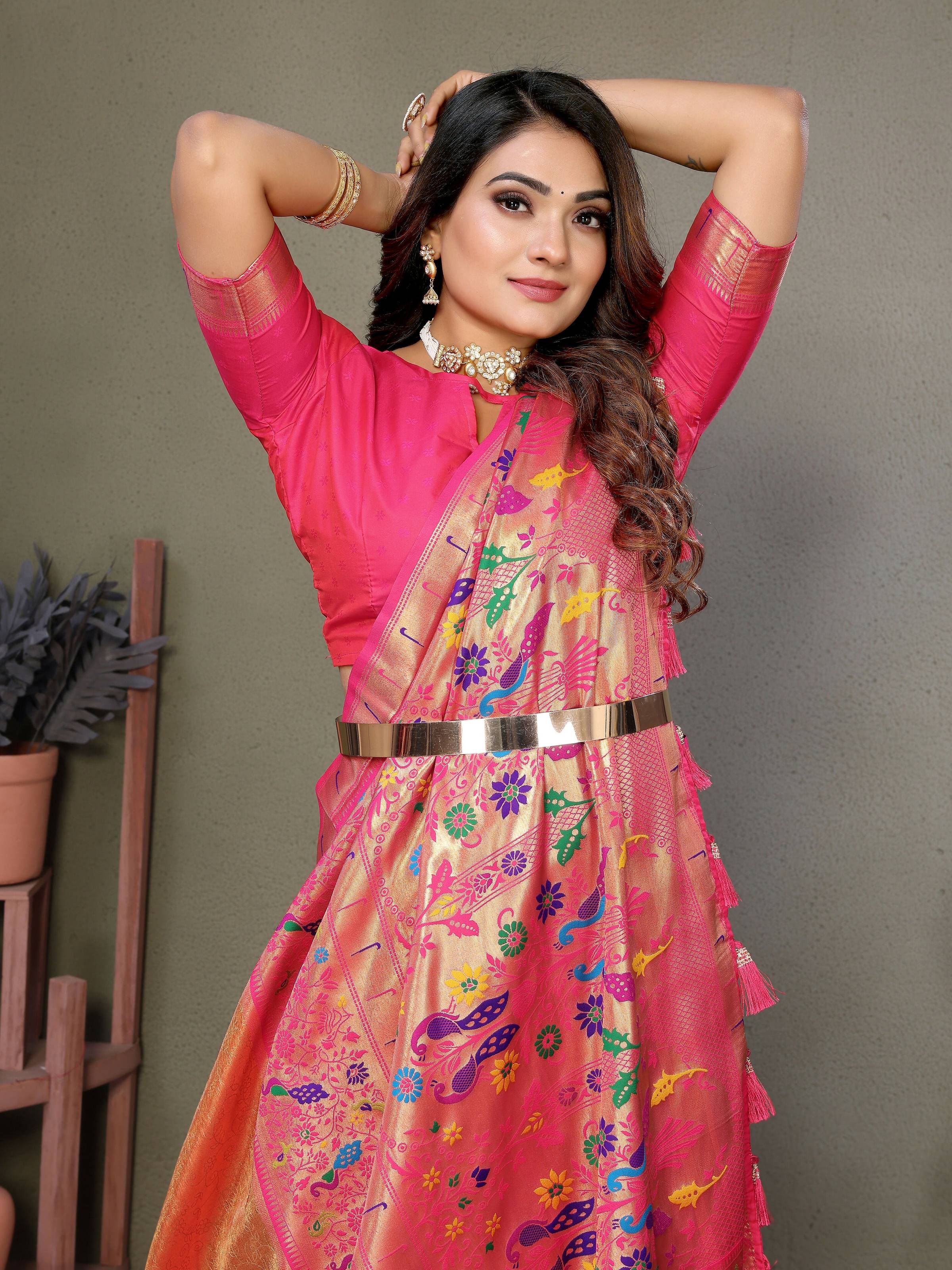 Aastha Fashion Orange Tissue Silk Paithani Woven Saree | Grocsy