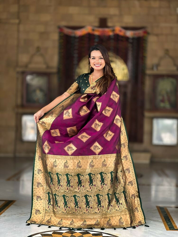 PR Fashion Wine Soft Banarasi Silk With Zari Weaving Meenakari Design Saree | Grocsy