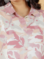 Aramya Pink Linen Cotton Foliage High Low Kurta for Women | Grocsy