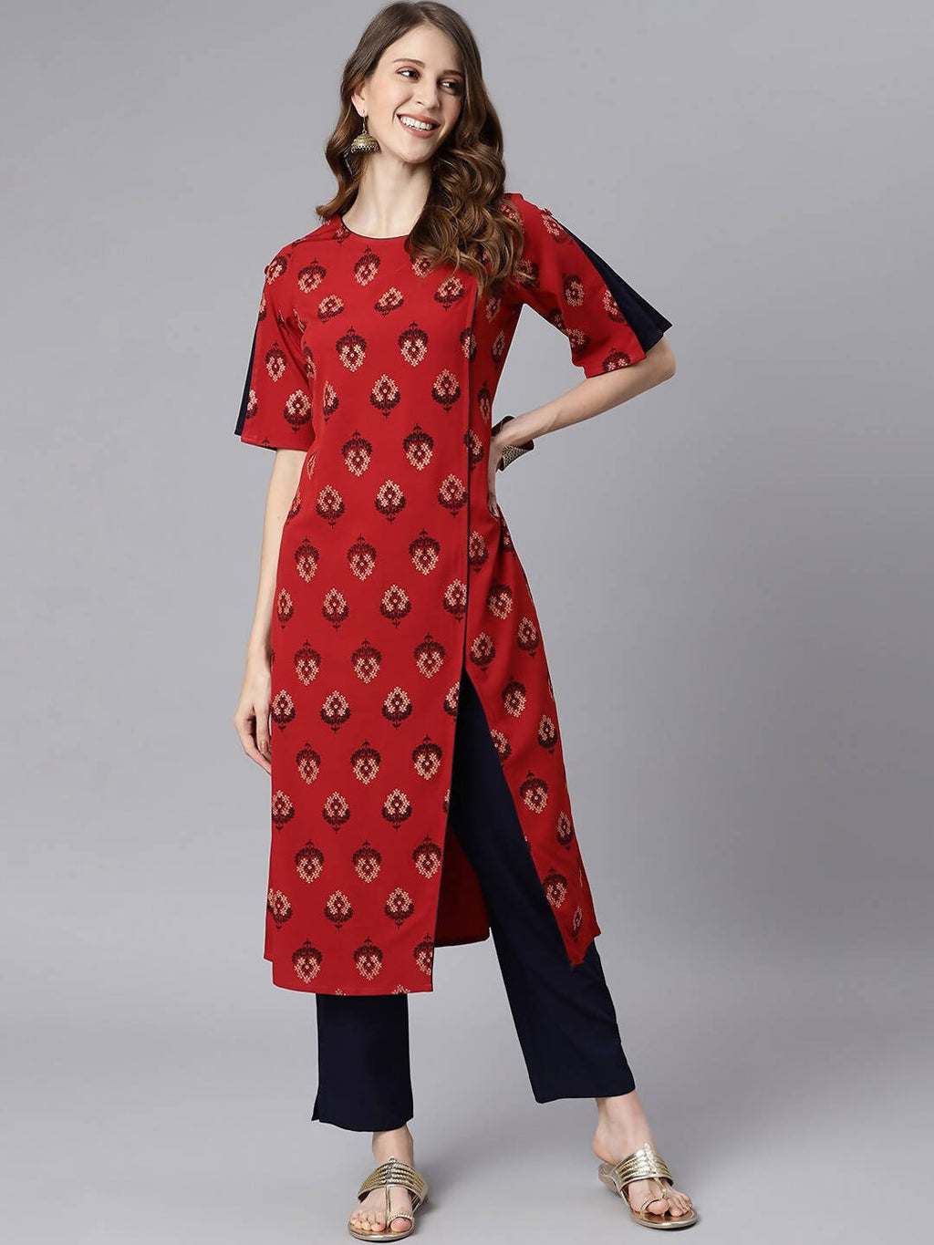 Janasya Women Maroon & Navy Blue Ethnic Motifs Printed Kurta with Trousers | Grocsy