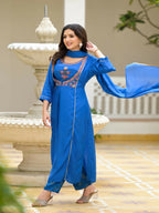 Juniper Women's Blue Solid Viscose Kurta Pant With Dupatta Set With Thread & Mirror Work | Grocsy