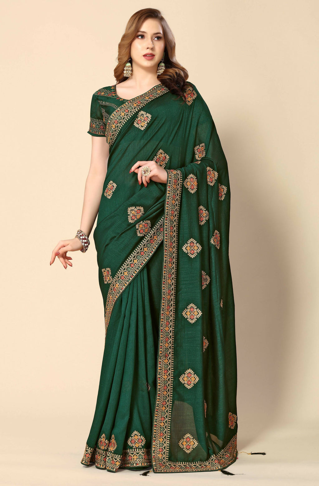 Green Chinon Embroidered Saree with Unstitched Blouse Piece - Roozal | Grocsy