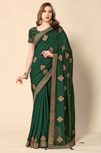 Green Chinon Embroidered Saree with Unstitched Blouse Piece - Roozal | Grocsy