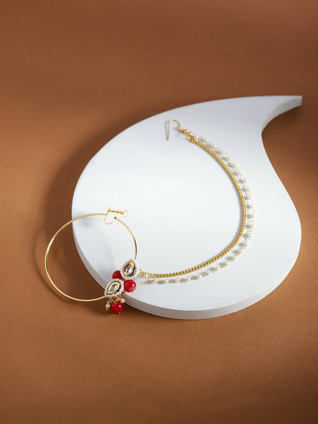 Gold-Pleated Red White Kundan Studded Beaded Nosepin - Ruby Raang | Grocsy