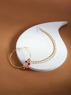 Gold-Pleated Red White Kundan Studded Beaded Nosepin - Ruby Raang | Grocsy