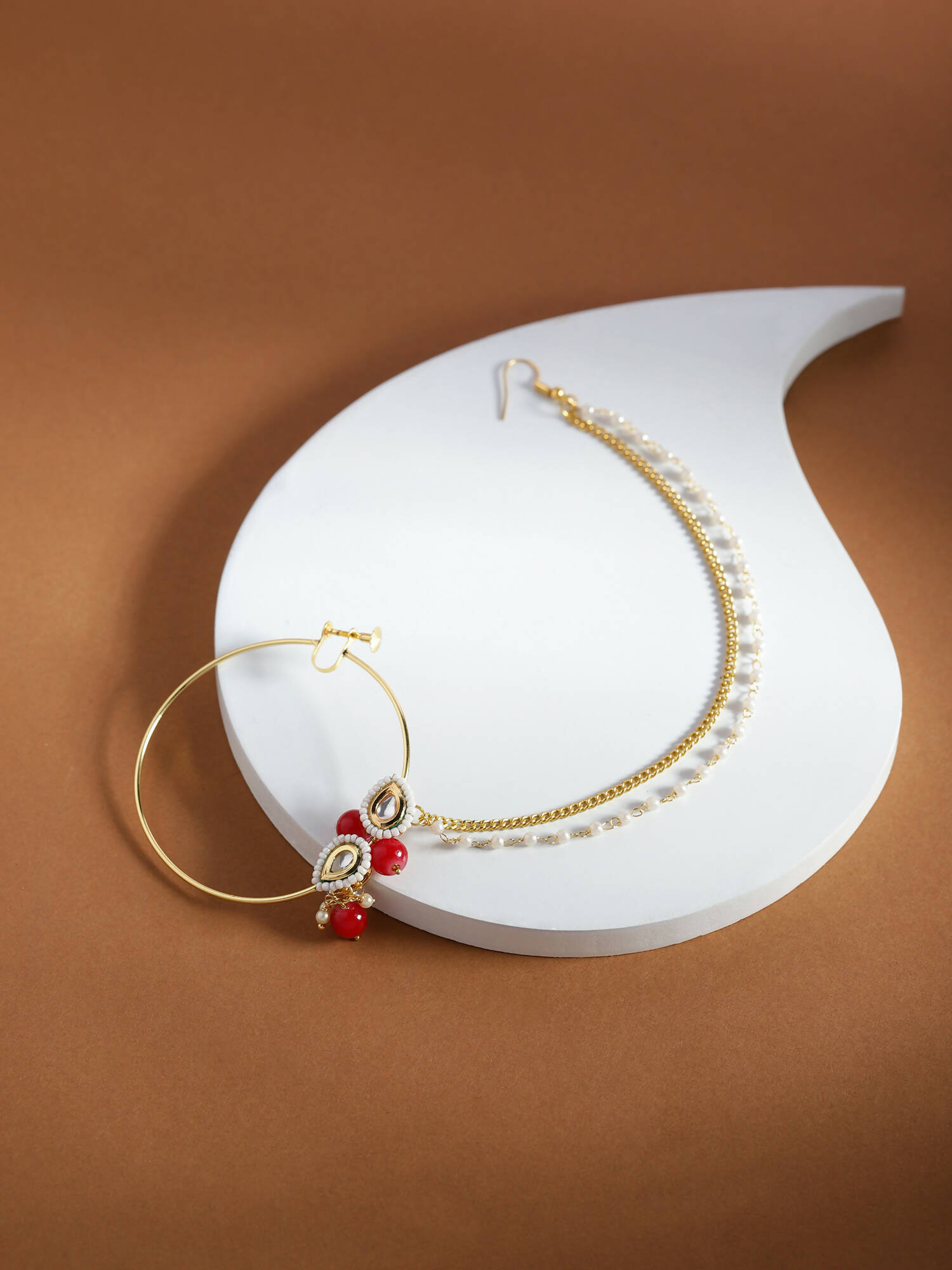 Gold-Pleated Red White Kundan Studded Beaded Nosepin - Ruby Raang | Grocsy