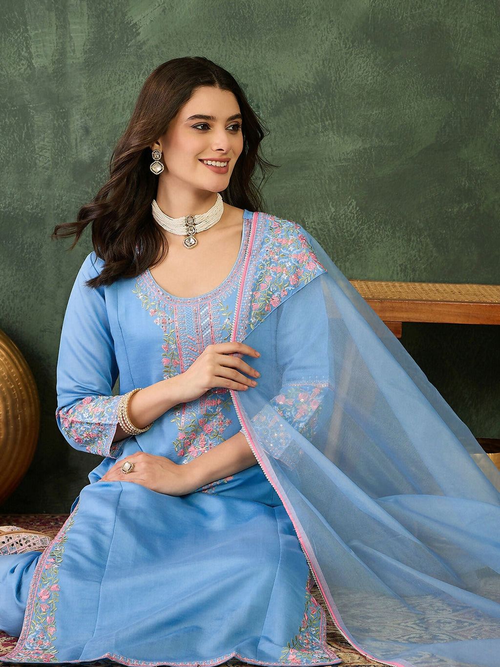 The52 Women's Gorgeous Embroidery Work Viscose Silk Fabric Straight Kurta Pant and Dupatta Set-Sky | Grocsy