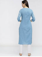 Cheera Women Stylish Hand Block Printed Cotton Blend Flared Kurta - Sky Blue | Grocsy