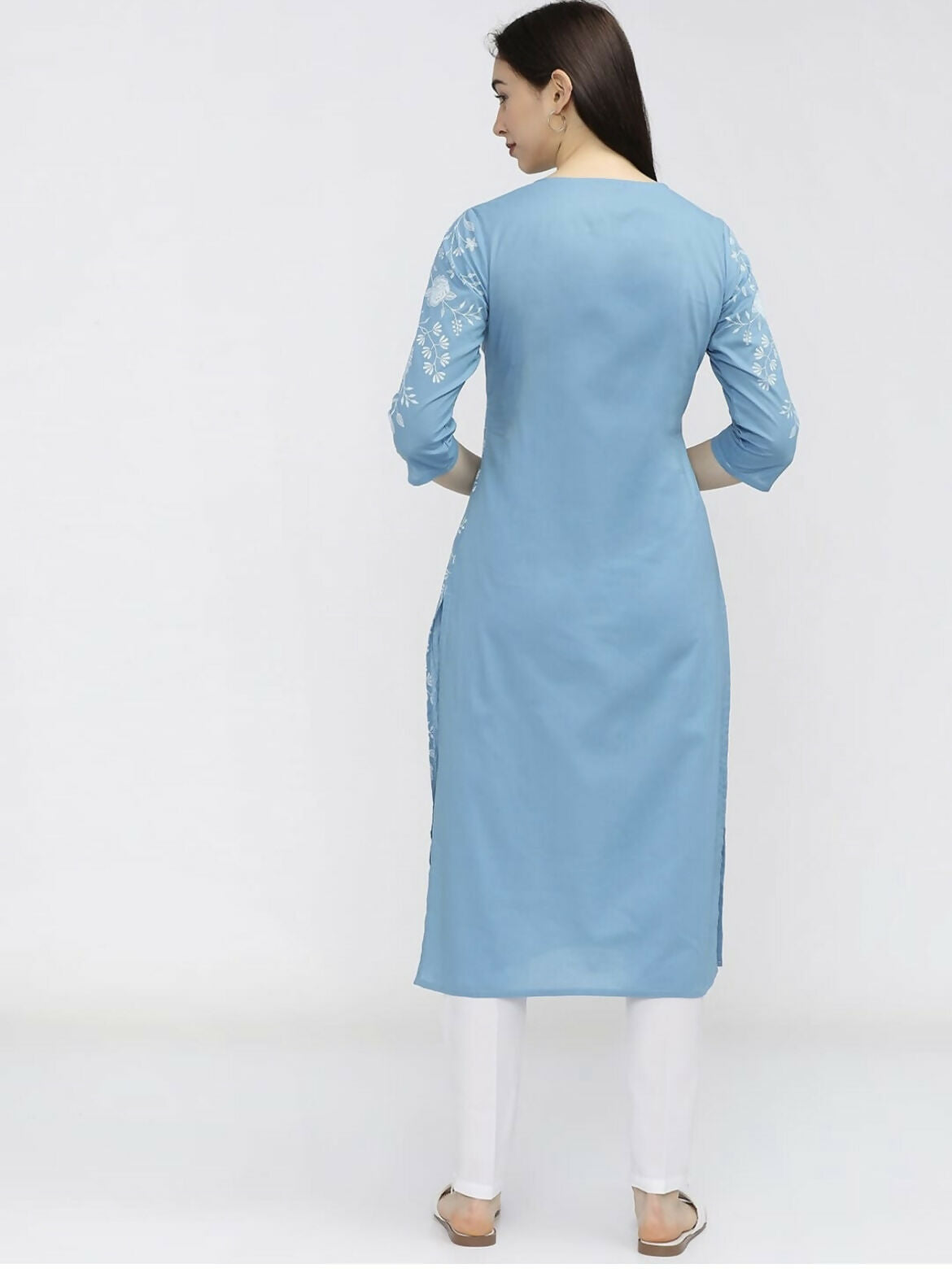 Cheera Women Stylish Hand Block Printed Cotton Blend Flared Kurta - Sky Blue | Grocsy
