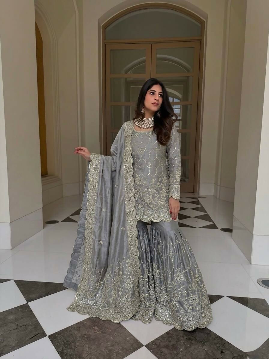 Teeya Creation New Trendy Latest Designer Embroidery Sharara Kurta Set -Grey | Grocsy