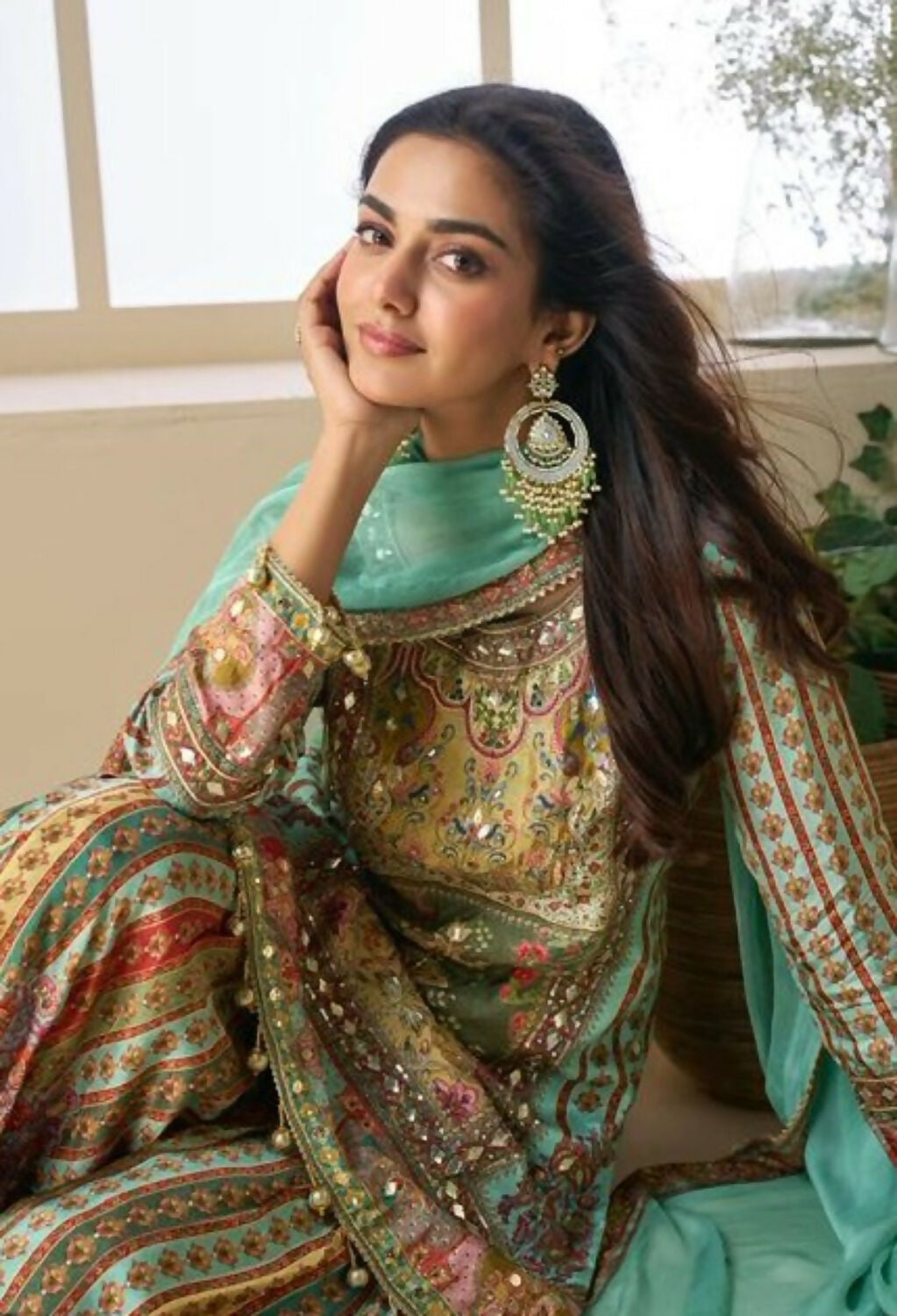 Anaita Sea Green Heavy Crepe Silk Ready Made Suit with Multi Digital Printed & Aari Work | Grocsy